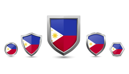 Obraz premium Set of philippines country flag with metal shape shield badge