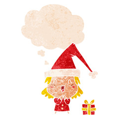cartoon girl wearing christmas hat and thought bubble in retro textured style