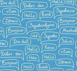 Hello, European languages, seamless pattern, contour drawing, monochrome, blue, vector. The word "Hello" in the cloud. Script. Vector, blue background with white words. Greeting. 
