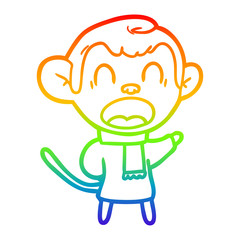 rainbow gradient line drawing shouting cartoon monkey wearing scarf