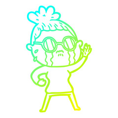 cold gradient line drawing cartoon crying woman wearing spectacles