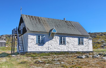 Old abandoned Christian church, Greenland landscape, Nuuk fjord