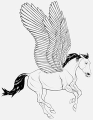 Galloping Pegasus is preparing to fly. Mythological horse spread its wings and leaping fast. Vector line art, decoration element for fairy tales, fantasy goods.