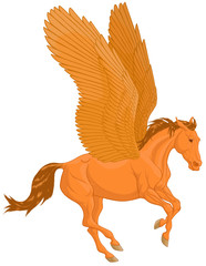 Galloping Pegasus is preparing for takeoff. Mythological pale yellow horse spread its wings and leaping fast. Vector clip art, decoration element for fairy tales, fantasy goods.