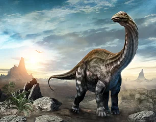Fotobehang Apatosaurus dinosaurus scène 3D illustratie © warpaintcobra