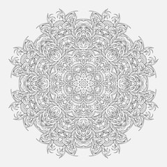 Abstract monochrome circular tracery and patterned snowflake. Linear decorative ornamental mandala. Adornment for meditation classes.