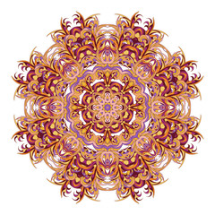 Abstract radial decoration tracery. Vintage circular pattern, ornamental floral mandala in brown and yellow colors. Adornment for meditation classes.
