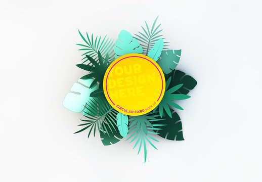 Circular Card with Tropical Leaf Illustrations Mockup