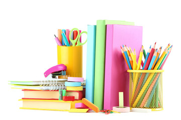 School supplies with books on white background