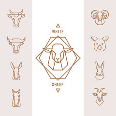 Big farm animals illustrations vector set of 9 illustration.