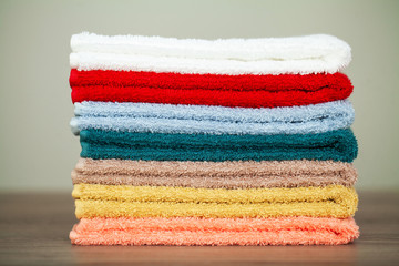 Spa. Colored Cotton Towels Use In Spa Bathroom. Towel Concept. Photo For Hotels and Massage Parlors. Purity and Softness. Towel Textile