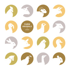 Set of colorful vector farm animal logos in flat style isolated on white background. Logo for meat shop, cafe, and others.