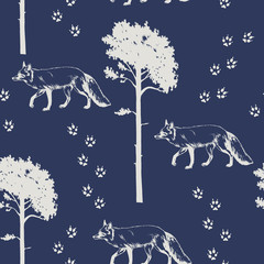 Vector seamless pattern with fox walking under the trees. Forest hand drawn illustration.