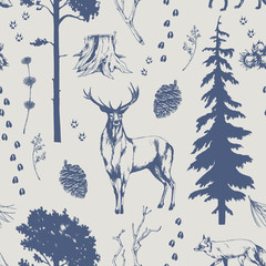 Vector seamless pattern with deer, pine cones, trees, fox, berries and nut. Forest hand drawn illustration.