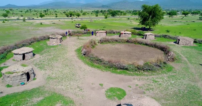 Aerial. Traditional Masai village near Arusha, Tanzania. 