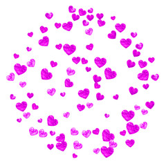 Heart frame background with gold glitter hearts. Valentines day. Vector confetti. Hand drawn texture.