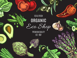 Eco shop farm product. Vector sketch vegetables. Organic farm shop.