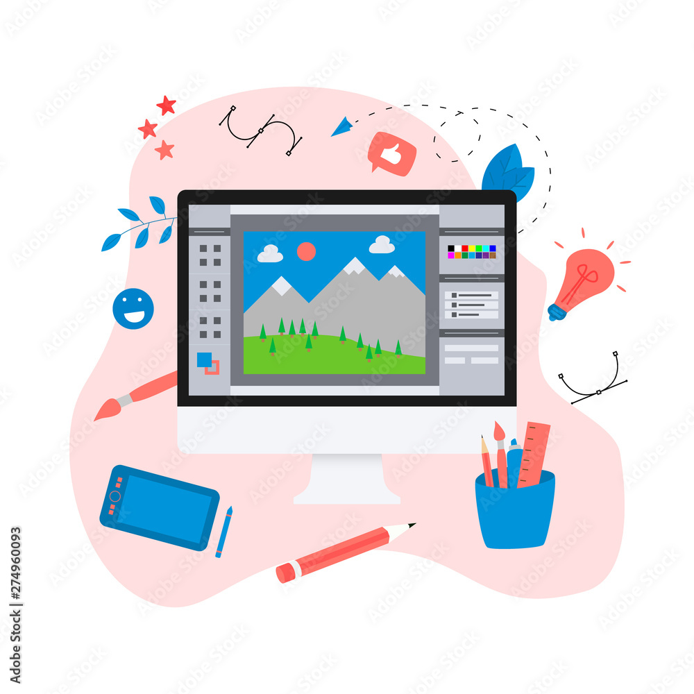 Poster flat vector graphic drawing concept with open illustration application with a creative project