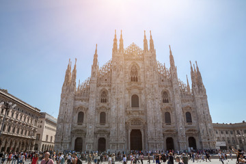 Panoramic view of exterior of Milan Cathedral (Duomo di Milano)