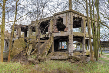 Old destroyed military barracks ruins from the World War II at Westerplatte in Gdansk, Poland.
