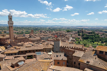 Panoramic view of Siena city with Piazza del Campo and the Torre del Mangia