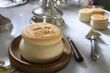 Prosfora, Prosvyr, liturgical church bread, used during Orthodox worship, silver bowls, icon, on the throne of the Orthodox Church. Christianity.