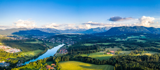 Aerial Panorama Bad T&ouml;lz, Isar Valley, Germany Bavaria. Sunset shot in June