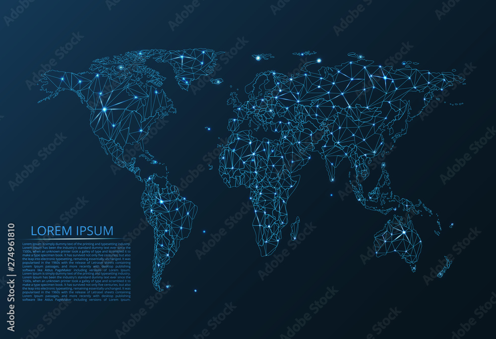 Poster map of the world communication network. vector low-poly image of a global map with lights in the for