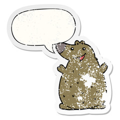 cartoon happy bear and speech bubble distressed sticker
