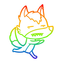 rainbow gradient line drawing cartoon wolf showing teeth