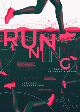 Vector typographic running poster template, with runners, grunge textures, and place for your texts.