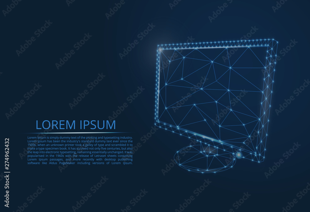 Poster computer monitor in the style of lines and figures consisting of polygons. internet. computer symbol