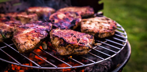 Close-up of beef steaks over a grilling grill, on a background of nature. BBQ and cooking at a picnic