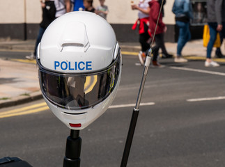 Police motorcycle helmet on motorcycle