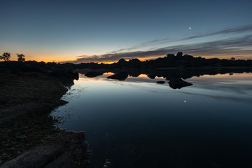 Landscape at sunrise in the Natural Area of Barruecos. Extremadura. Spain.