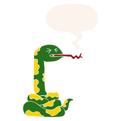 cartoon hissing snake and speech bubble in retro style