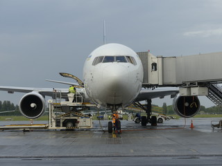 Fototapeta na wymiar Preparation of the aircraft before departure, close-up.