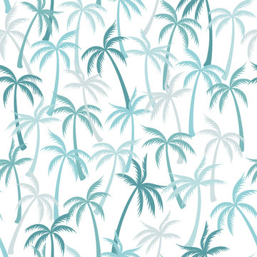 Coconut palm tree pattern textile seamless tropical forest background. Fashionable vector fabric repeating pattern. Simple tropical plants, coconut trees, beach palms textile background design.