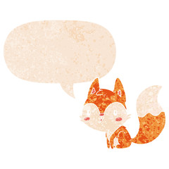 cartoon fox and speech bubble in retro textured style