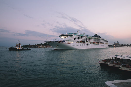 Closeup view of liner PO Cruises in Laguna Veneta of Venice