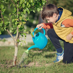 Smiling European boy watering apple tree with water can on a croft.