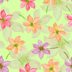 pattern with pink and lilac flowers drawing watercolor on a green background