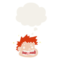 cartoon frightened face and thought bubble in retro style