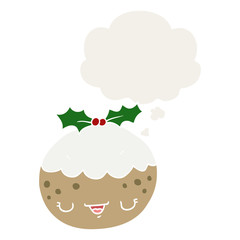 cute cartoon christmas pudding and thought bubble in retro style