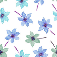 pattern with blue flowers drawing watercolor on white background