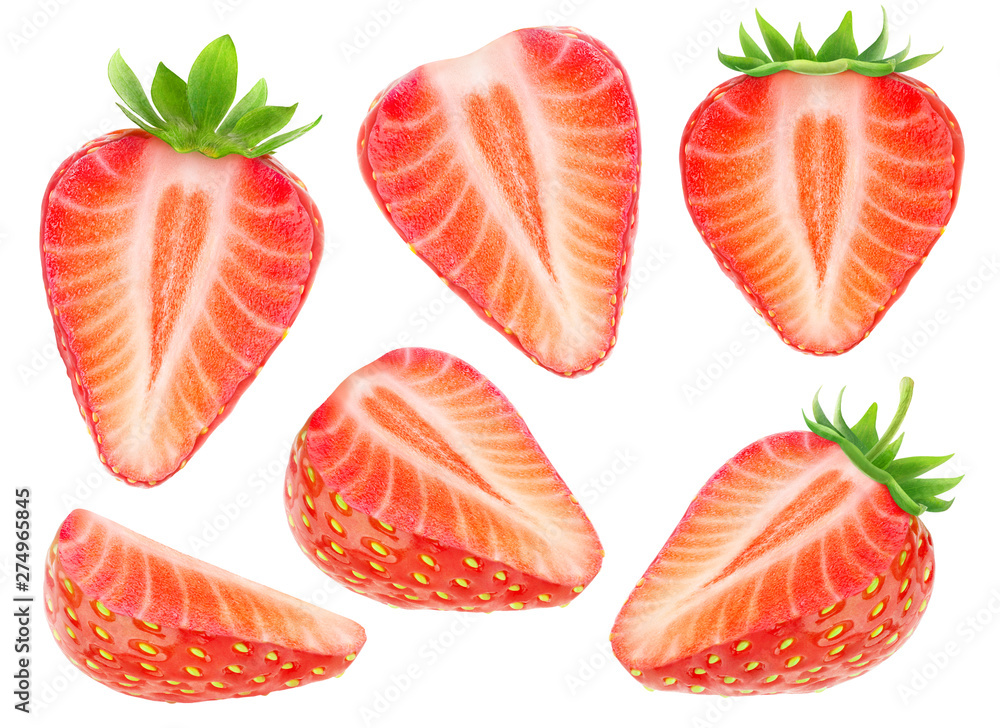 Poster isolated strawberry pieces. collection of cut strawberry fruits isolated on white background with cl