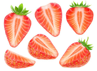 Isolated strawberry pieces. Collection of cut strawberry fruits isolated on white background with...