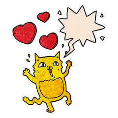 cartoon cat crazy in love and speech bubble in retro texture style