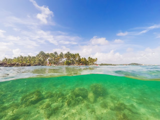 Split underwater view of La Caravelle beach in Guadeloupe