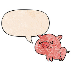 cute cartoon pig and speech bubble in retro texture style